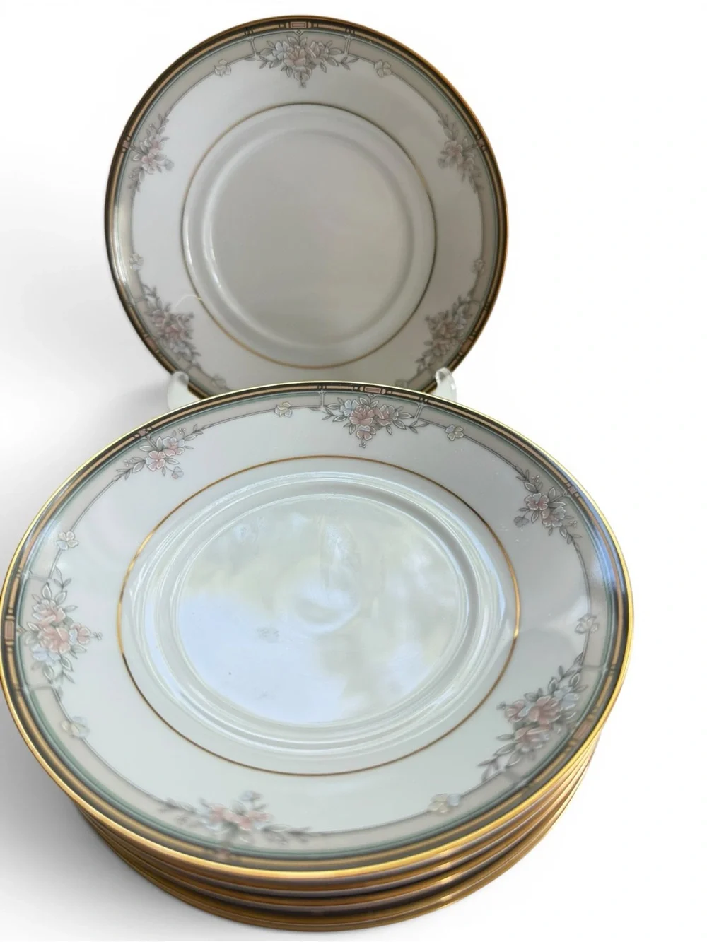 Noritake Blossom Mist Saucers Set of 6 White Floral Gold Trim Sri Lanka 3787